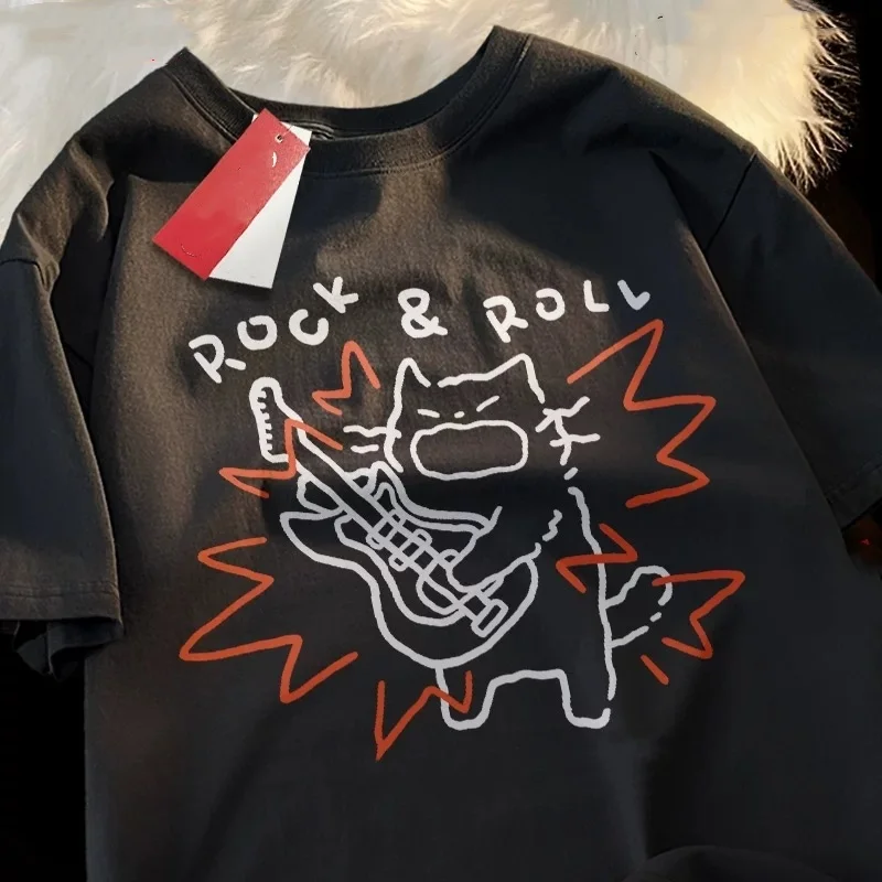 ZAZOMDE Sleepy Cat Cartoon Pattern Pure Cotton Short Sleeve Tee Relaxed Fit Oversized Street Style Comfort Fit Summer Fashion