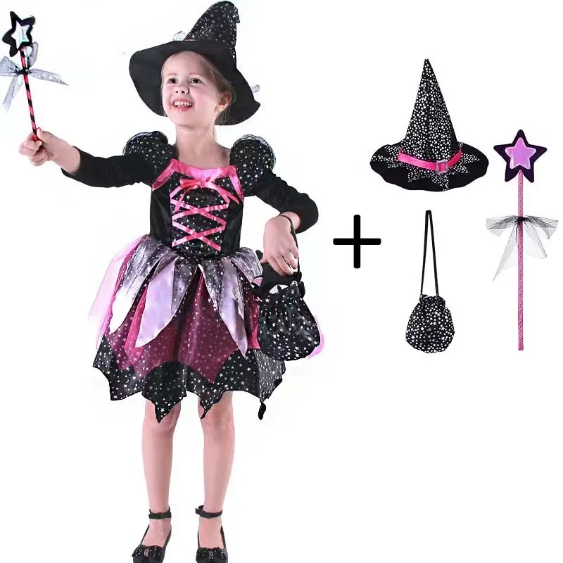 Girls Purple Witch Costume Set Halloween Birthday Party Fancy Dress with Mesh Details Witch Hat & Broom Girls Purple Witch Costume Set Halloween Birthday Party Fancy Dress with Mesh Details Witch Hat & Broom