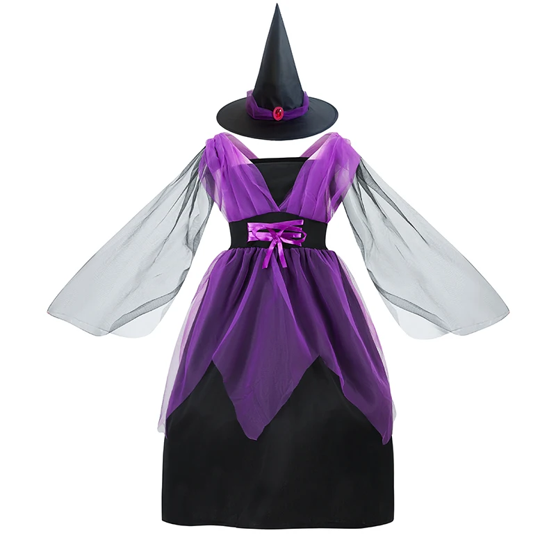 Girls Purple Witch Costume Set Halloween Birthday Party Fancy Dress with Mesh Details Witch Hat & Broom Girls Purple Witch Costume Set Halloween Birthday Party Fancy Dress with Mesh Details Witch Hat & Broom