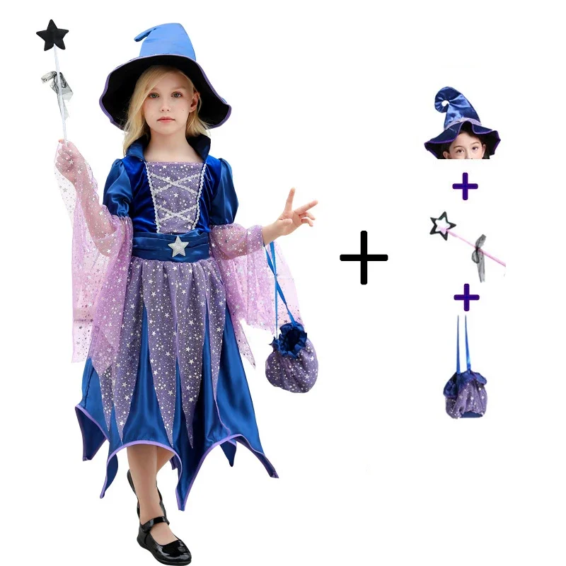 Girls Purple Witch Costume Set Halloween Birthday Party Fancy Dress with Mesh Details Witch Hat & Broom Girls Purple Witch Costume Set Halloween Birthday Party Fancy Dress with Mesh Details Witch Hat & Broom