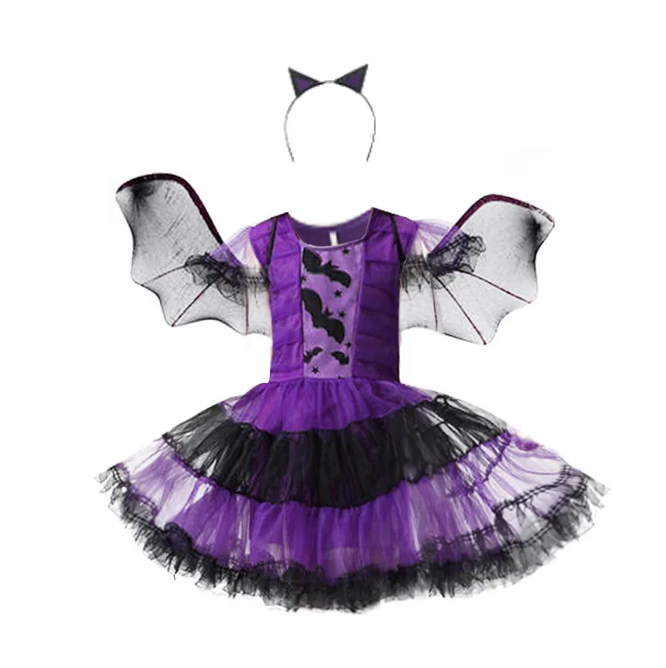 Girls Purple Witch Costume Set Halloween Birthday Party Fancy Dress with Mesh Details Witch Hat & Broom Girls Purple Witch Costume Set Halloween Birthday Party Fancy Dress with Mesh Details Witch Hat & Broom