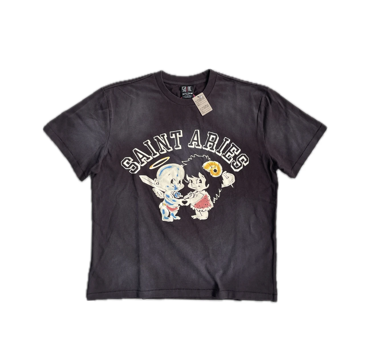 New High Quality SAINT Angel Baby Pattern Printed Retro Vintage High Street Loose Washed Short Sleeve Cotton Oversize T-shirt