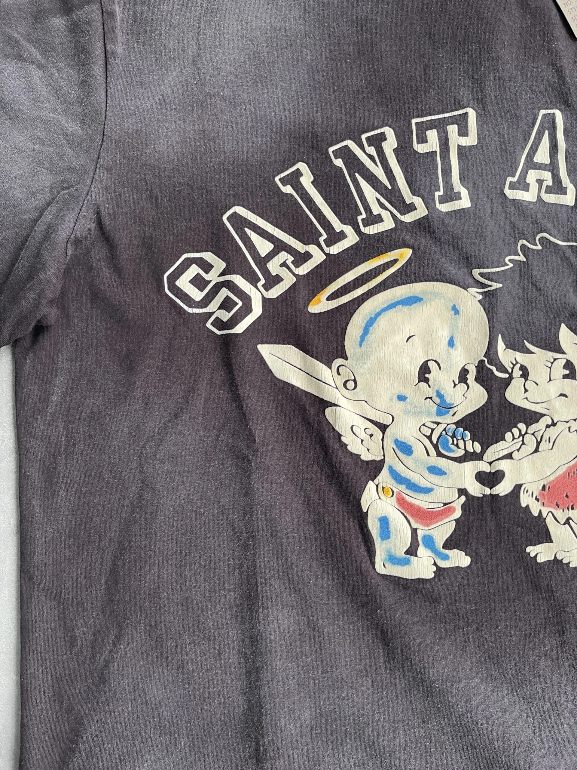New High Quality SAINT Angel Baby Pattern Printed Retro Vintage High Street Loose Washed Short Sleeve Cotton Oversize T-shirt