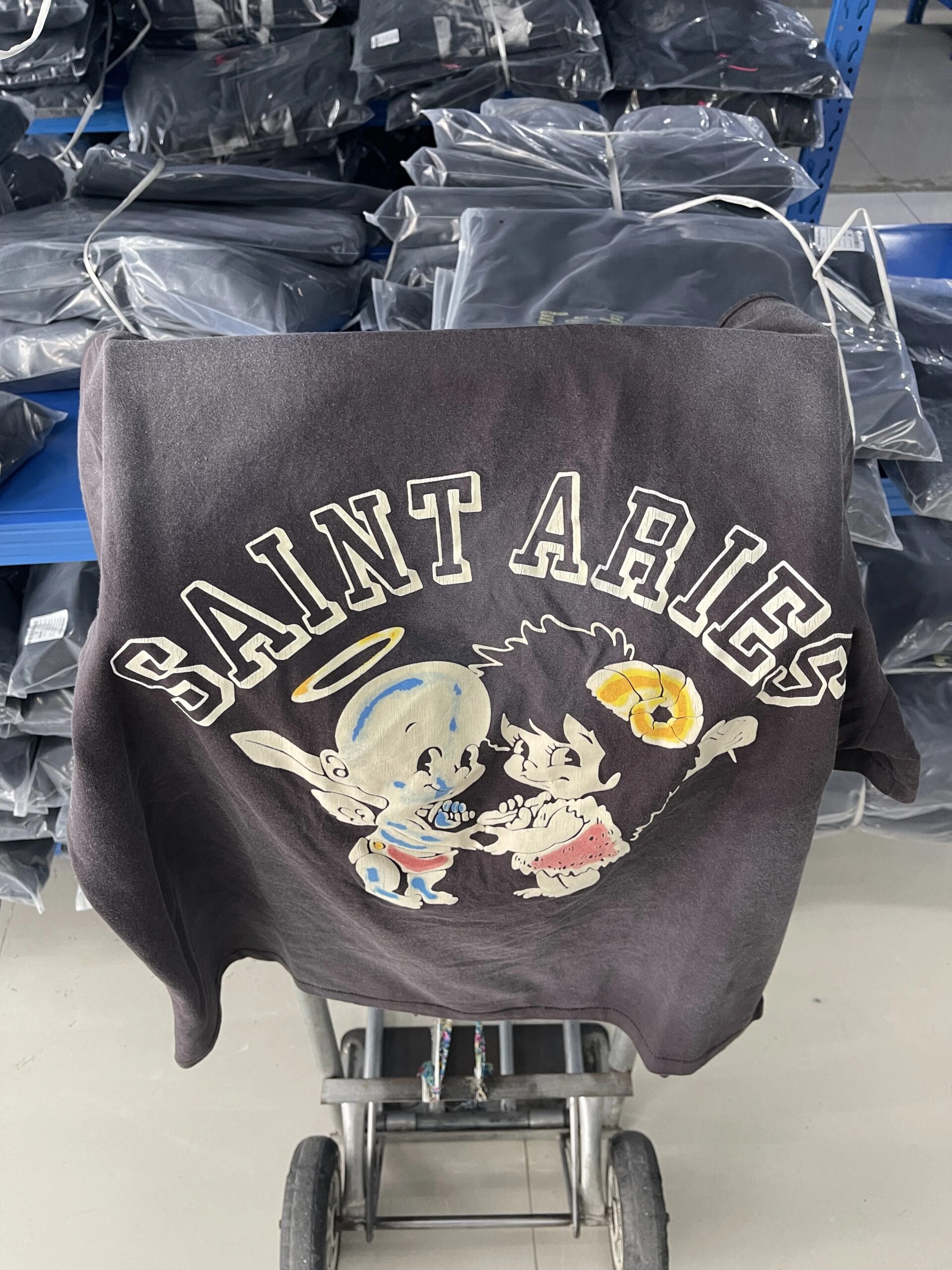 New High Quality SAINT Angel Baby Pattern Printed Retro Vintage High Street Loose Washed Short Sleeve Cotton Oversize T-shirt