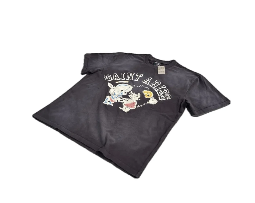 New High Quality SAINT Angel Baby Pattern Printed Retro Vintage High Street Loose Washed Short Sleeve Cotton Oversize T-shirt