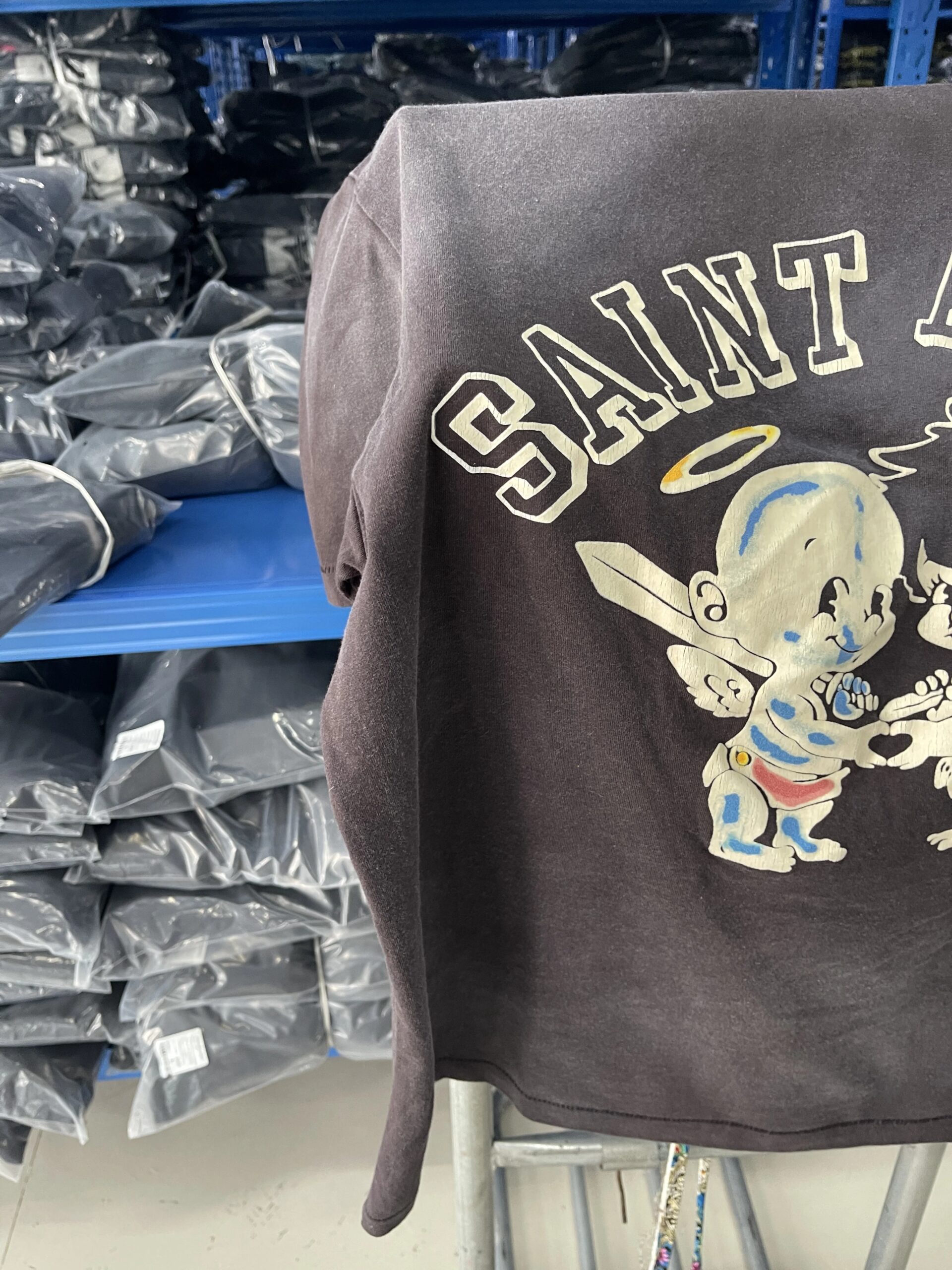 New High Quality SAINT Angel Baby Pattern Printed Retro Vintage High Street Loose Washed Short Sleeve Cotton Oversize T-shirt