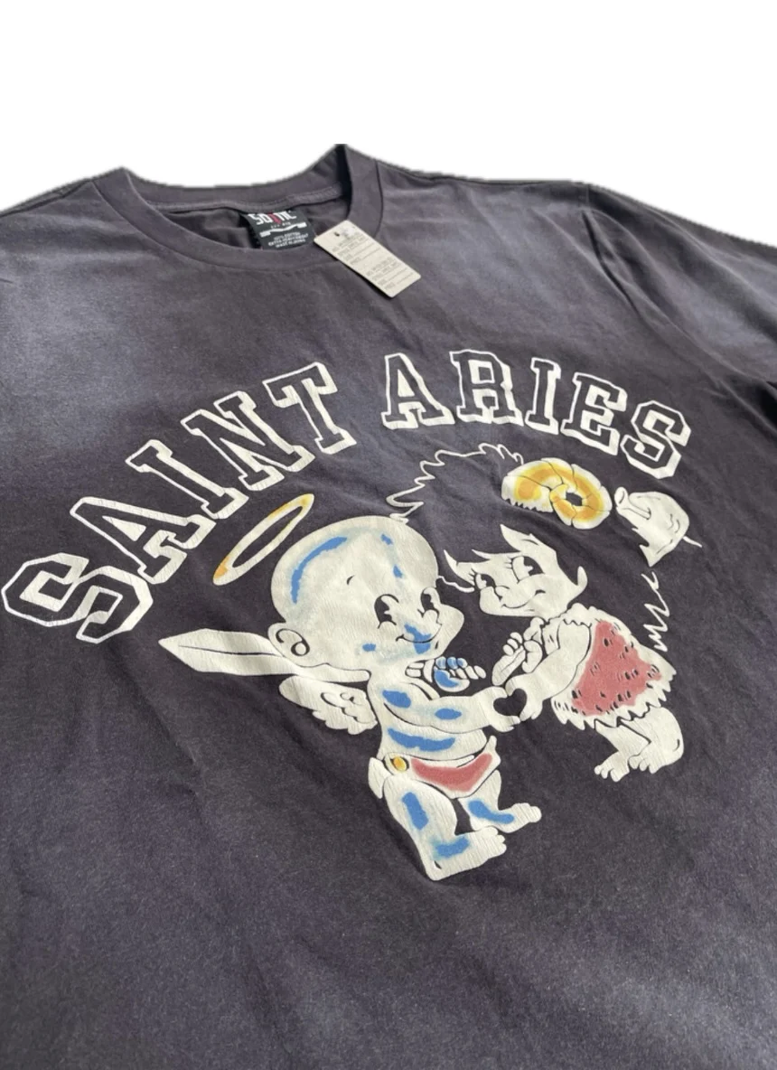 New High Quality SAINT Angel Baby Pattern Printed Retro Vintage High Street Loose Washed Short Sleeve Cotton Oversize T-shirt