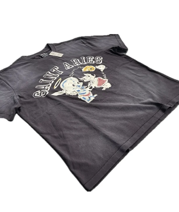 New High Quality SAINT Angel Baby Pattern Printed Retro Vintage High Street Loose Washed Short Sleeve Cotton Oversize T-shirt