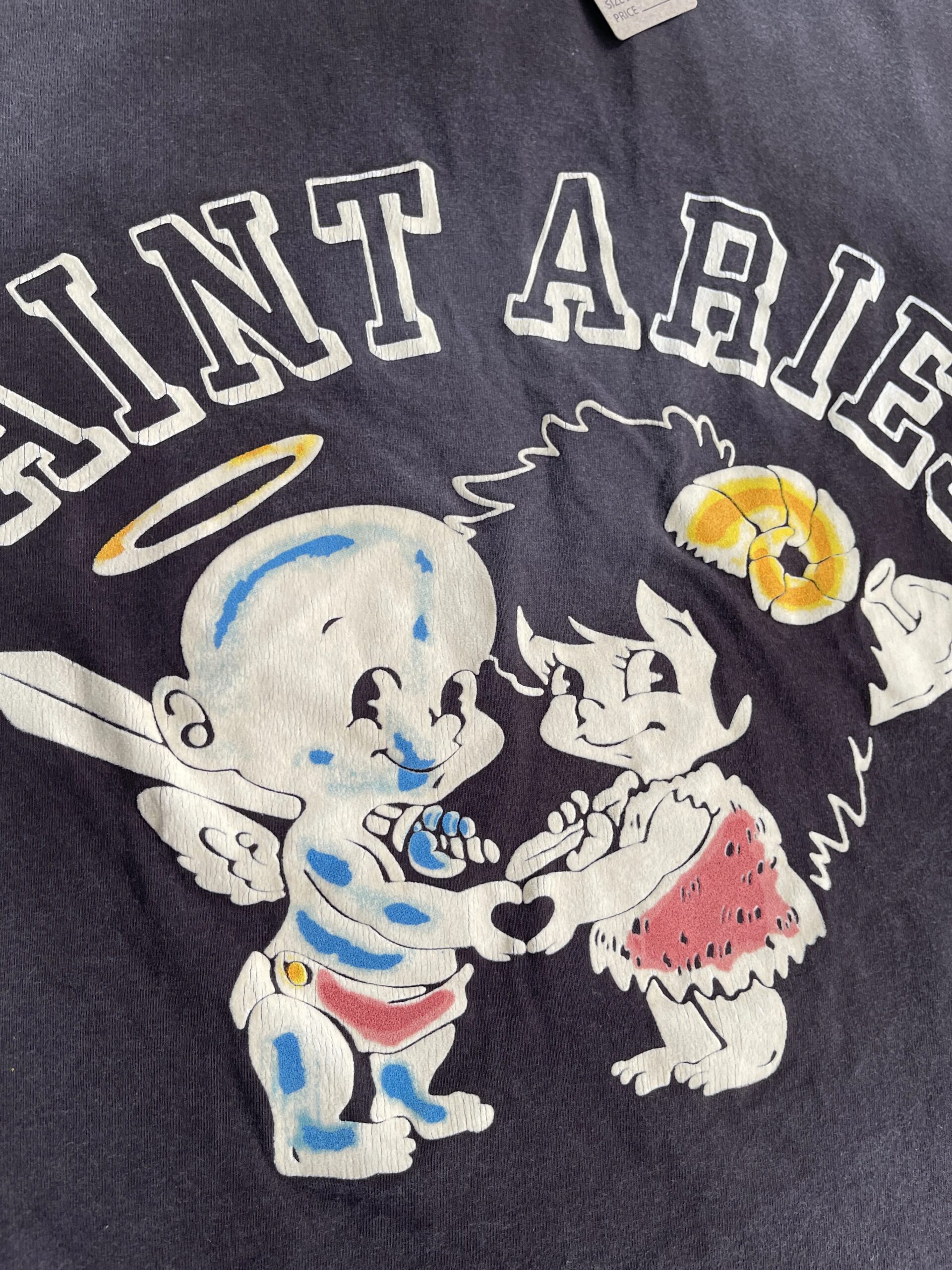 New High Quality SAINT Angel Baby Pattern Printed Retro Vintage High Street Loose Washed Short Sleeve Cotton Oversize T-shirt