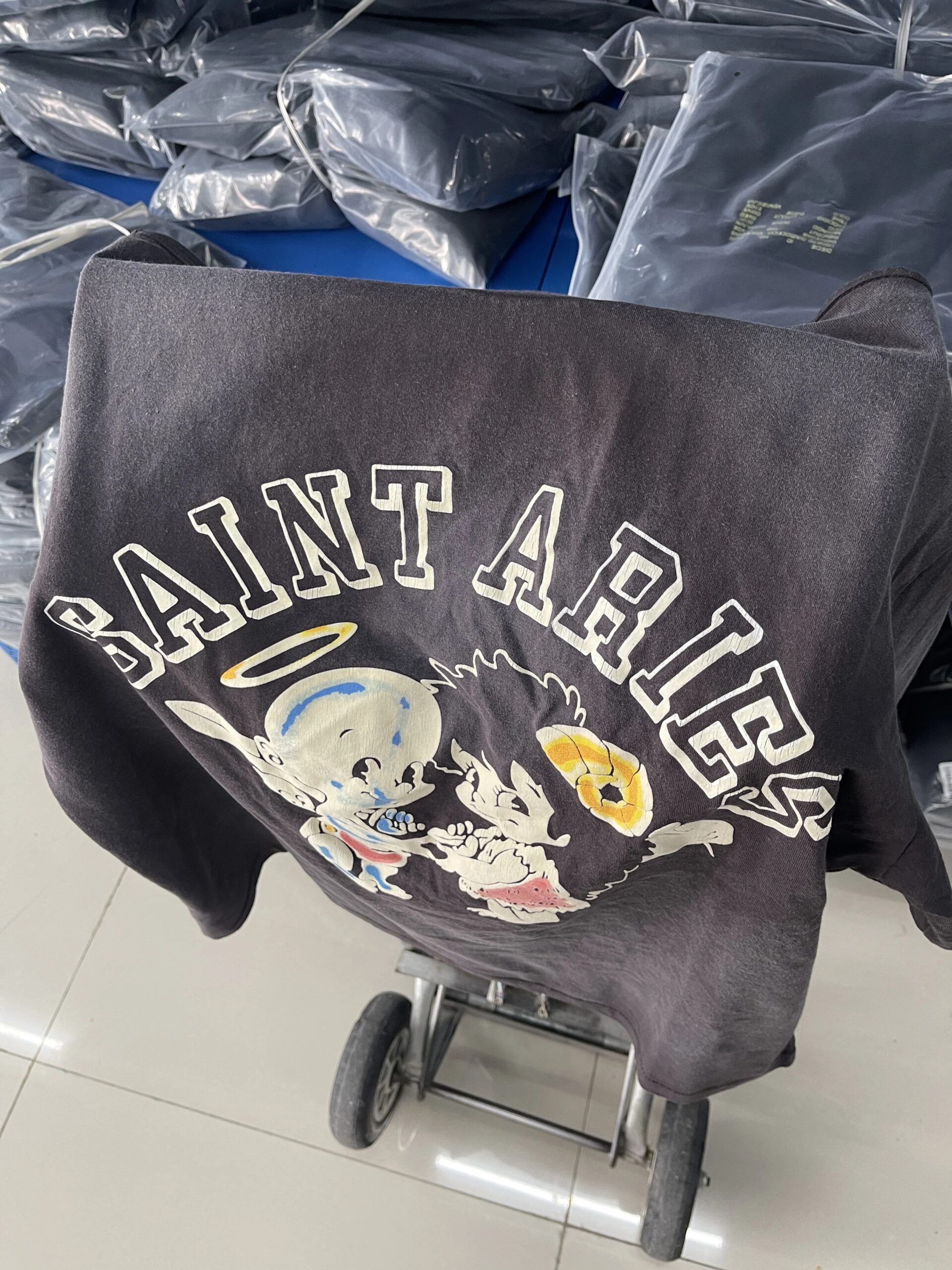 New High Quality SAINT Angel Baby Pattern Printed Retro Vintage High Street Loose Washed Short Sleeve Cotton Oversize T-shirt