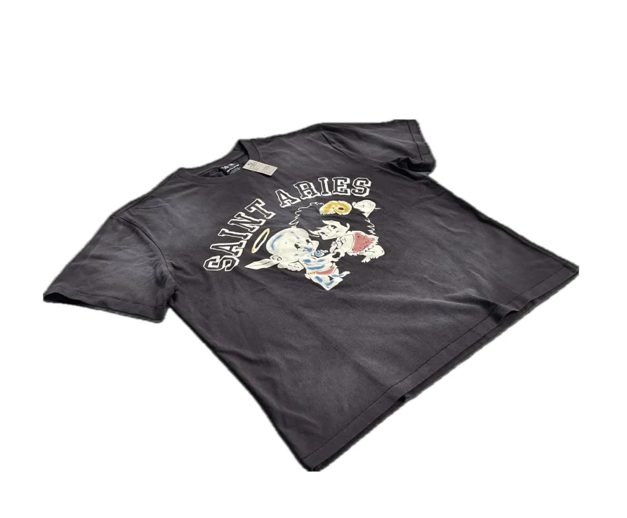 New High Quality SAINT Angel Baby Pattern Printed Retro Vintage High Street Loose Washed Short Sleeve Cotton Oversize T-shirt