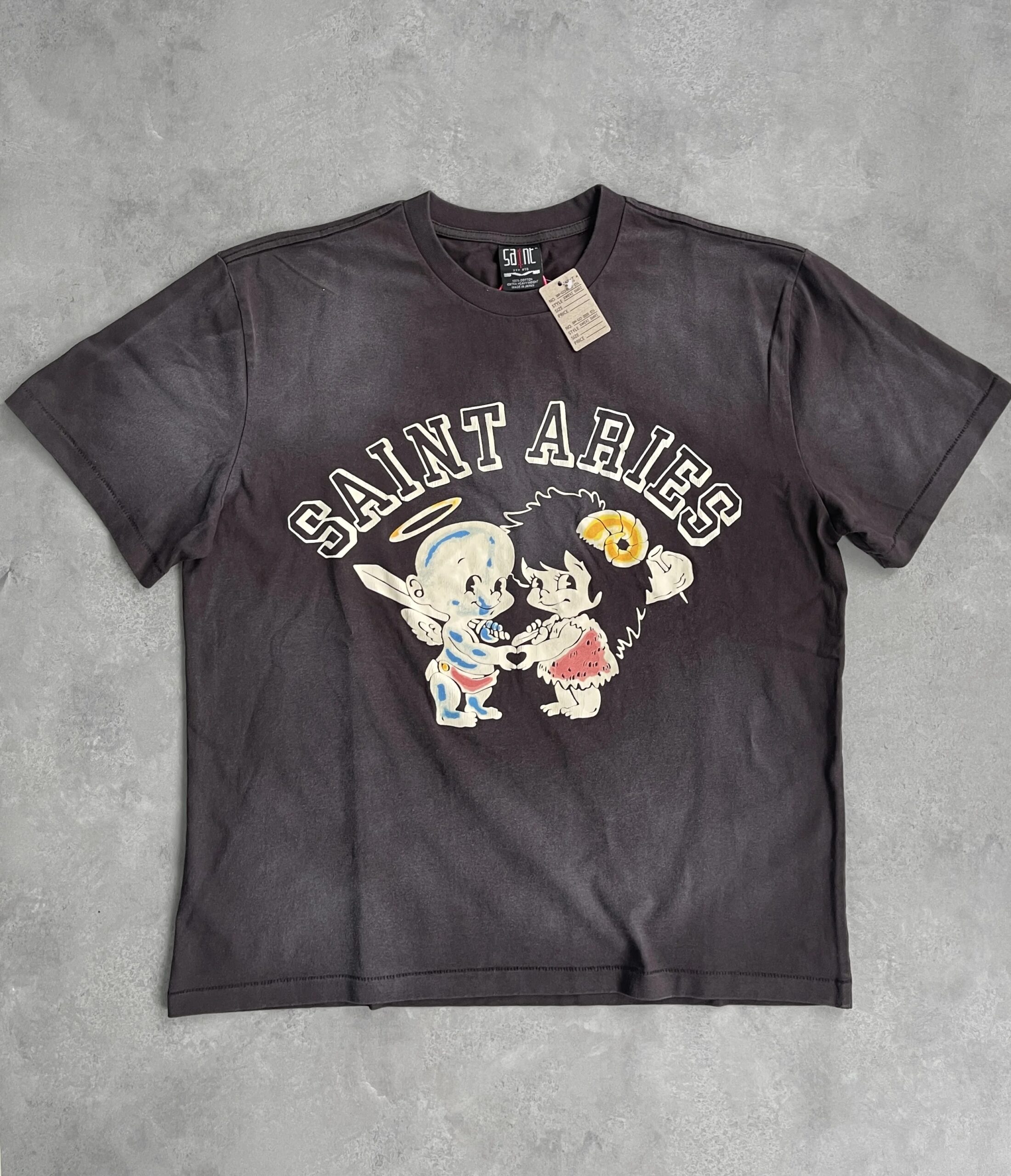 New High Quality SAINT Angel Baby Pattern Printed Retro Vintage High Street Loose Washed Short Sleeve Cotton Oversize T-shirt