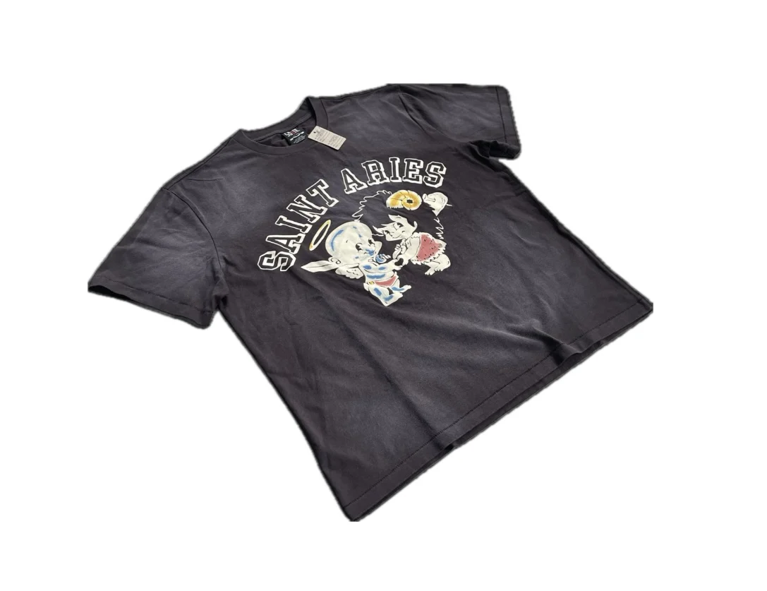 New High Quality SAINT Angel Baby Pattern Printed Retro Vintage High Street Loose Washed Short Sleeve Cotton Oversize T-shirt