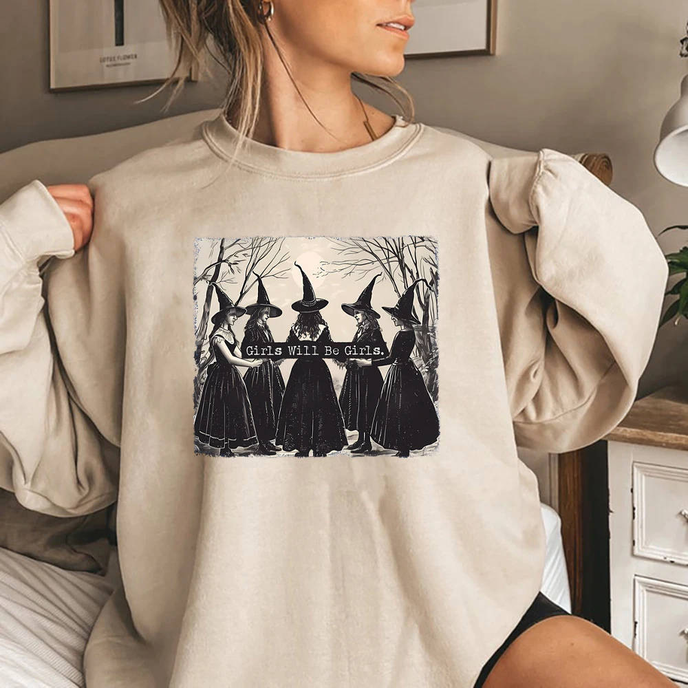 Vintage Girls Will Be Girls Witch Sweatshirt Funny Witch Shirt Halloween Women Hoodie Witchy Vibes Tee Winter Clothes Women