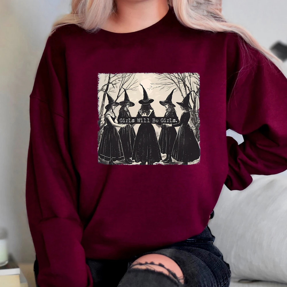 Vintage Girls Will Be Girls Witch Sweatshirt Funny Witch Shirt Halloween Women Hoodie Witchy Vibes Tee Winter Clothes Women