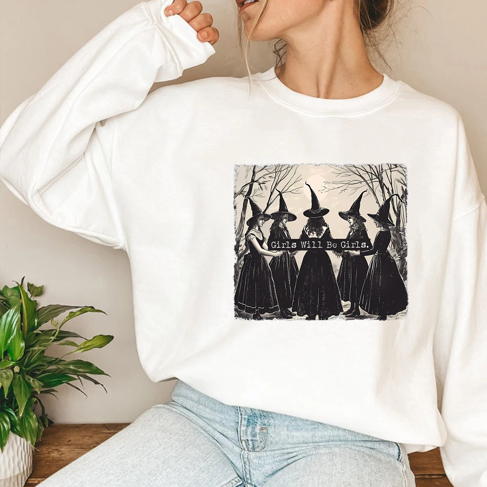 Vintage Girls Will Be Girls Witch Sweatshirt Funny Witch Shirt Halloween Women Hoodie Witchy Vibes Tee Winter Clothes Women