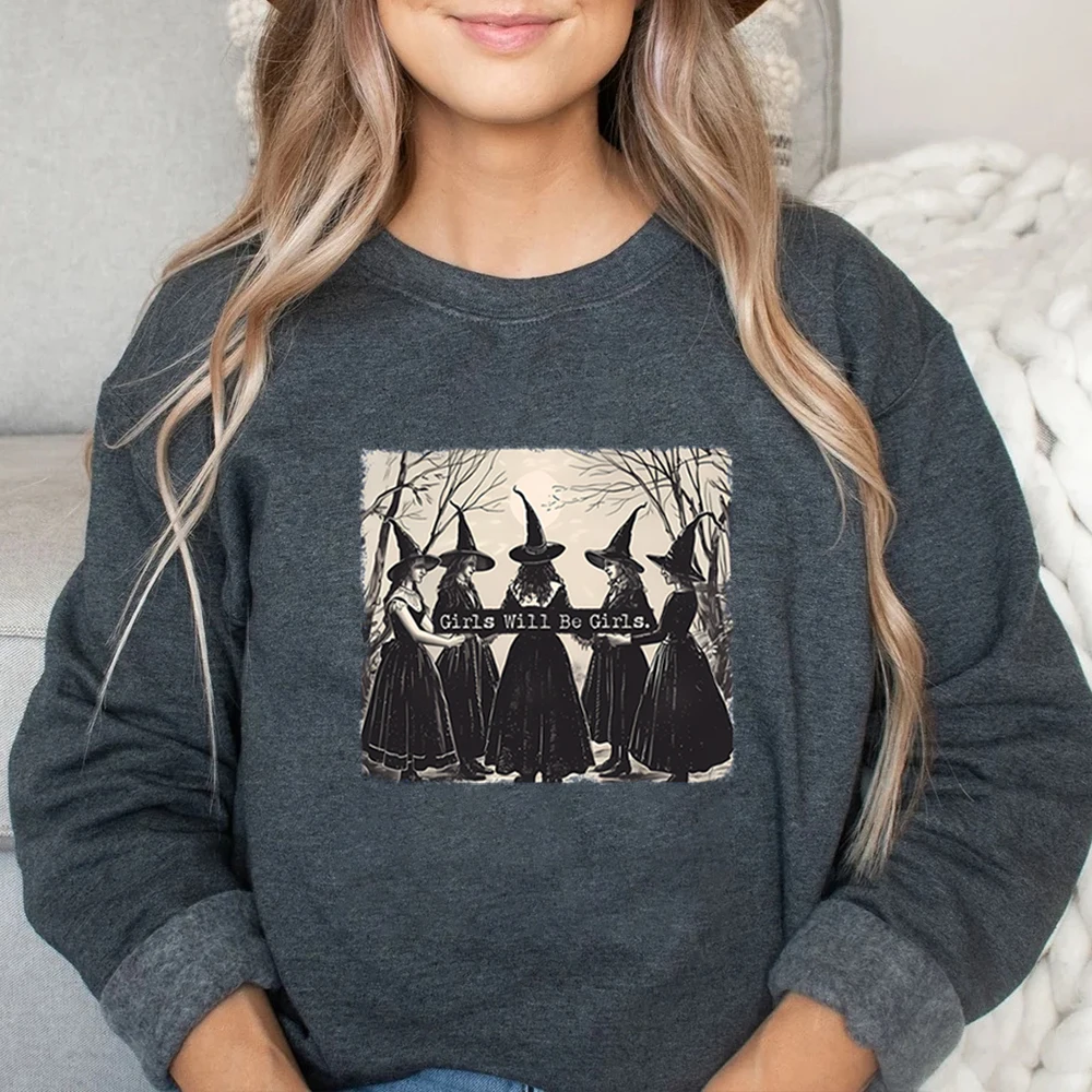 Vintage Girls Will Be Girls Witch Sweatshirt Funny Witch Shirt Halloween Women Hoodie Witchy Vibes Tee Winter Clothes Women