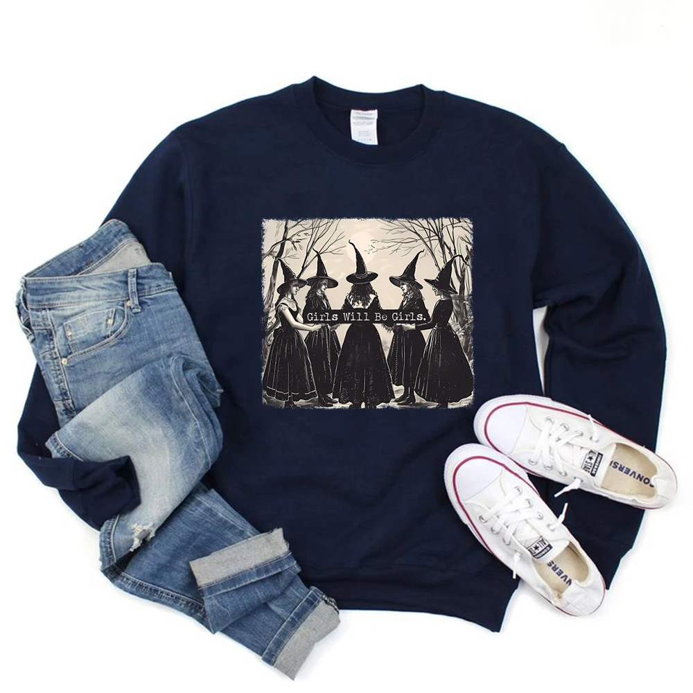 Vintage Girls Will Be Girls Witch Sweatshirt Funny Witch Shirt Halloween Women Hoodie Witchy Vibes Tee Winter Clothes Women