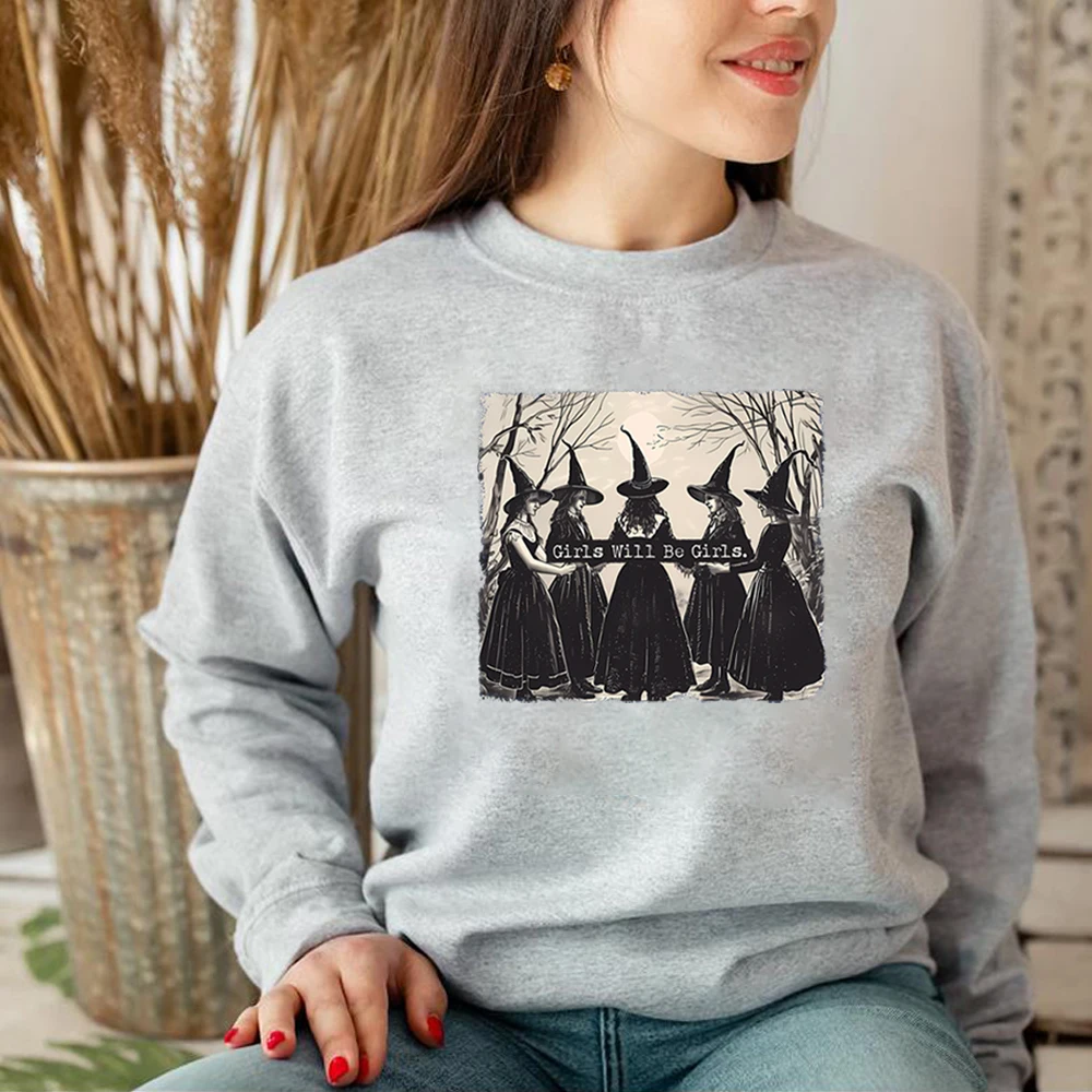 Vintage Girls Will Be Girls Witch Sweatshirt Funny Witch Shirt Halloween Women Hoodie Witchy Vibes Tee Winter Clothes Women