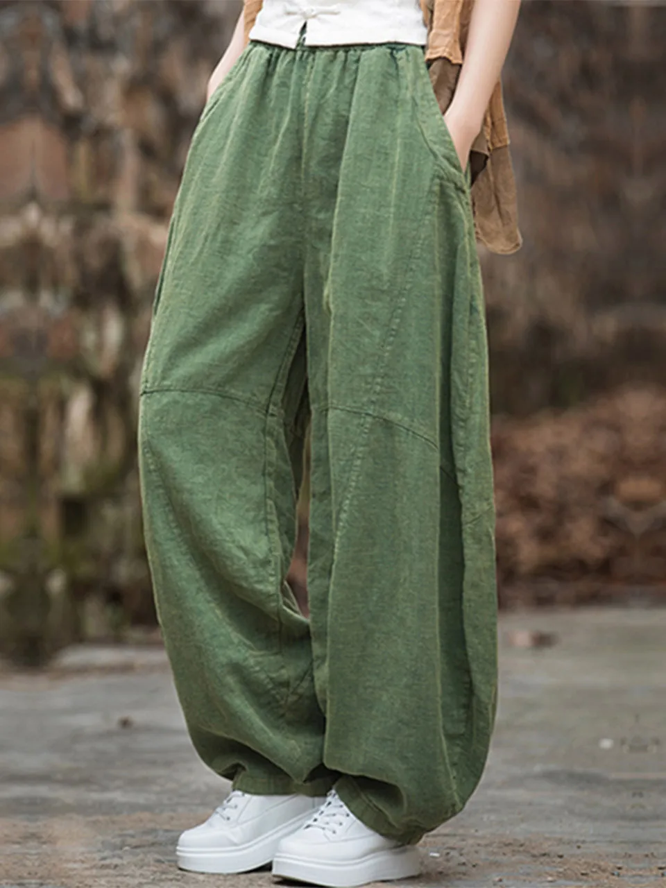 Elegant Women's Cotton Linen Baggy Cargo Pants Vintage Elastic Waist Yoga Trousers Loose Casual Long Wide Leg Oversize Clothes