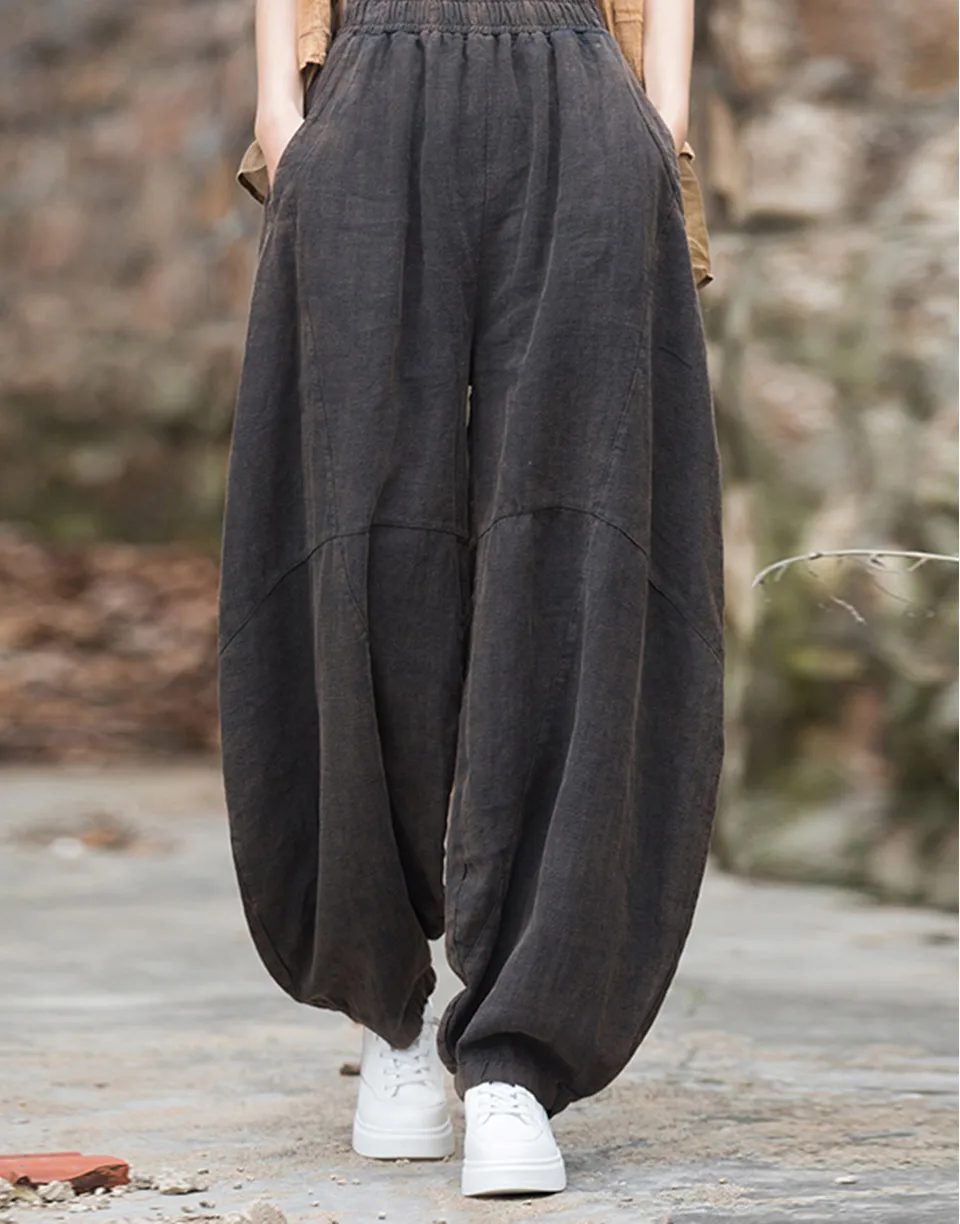 Elegant Women's Cotton Linen Baggy Cargo Pants Vintage Elastic Waist Yoga Trousers Loose Casual Long Wide Leg Oversize Clothes