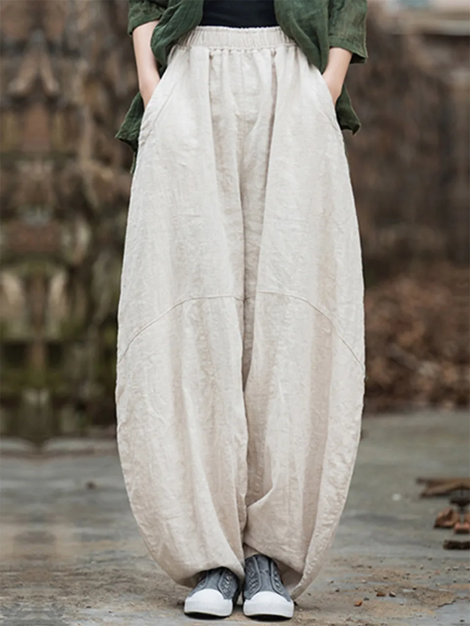 Elegant Women's Cotton Linen Baggy Cargo Pants Vintage Elastic Waist Yoga Trousers Loose Casual Long Wide Leg Oversize Clothes