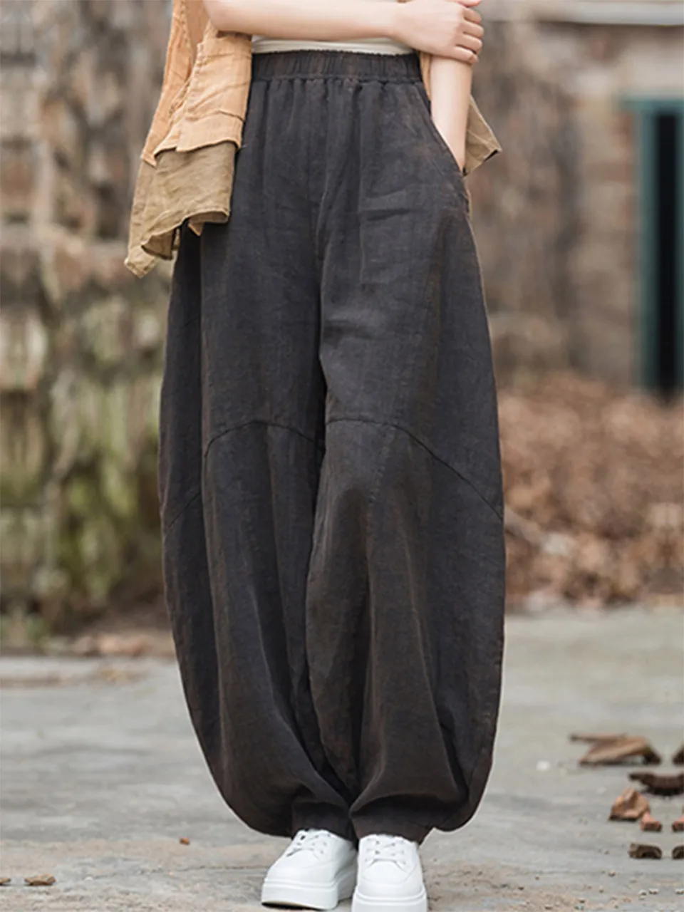 Elegant Women's Cotton Linen Baggy Cargo Pants Vintage Elastic Waist Yoga Trousers Loose Casual Long Wide Leg Oversize Clothes