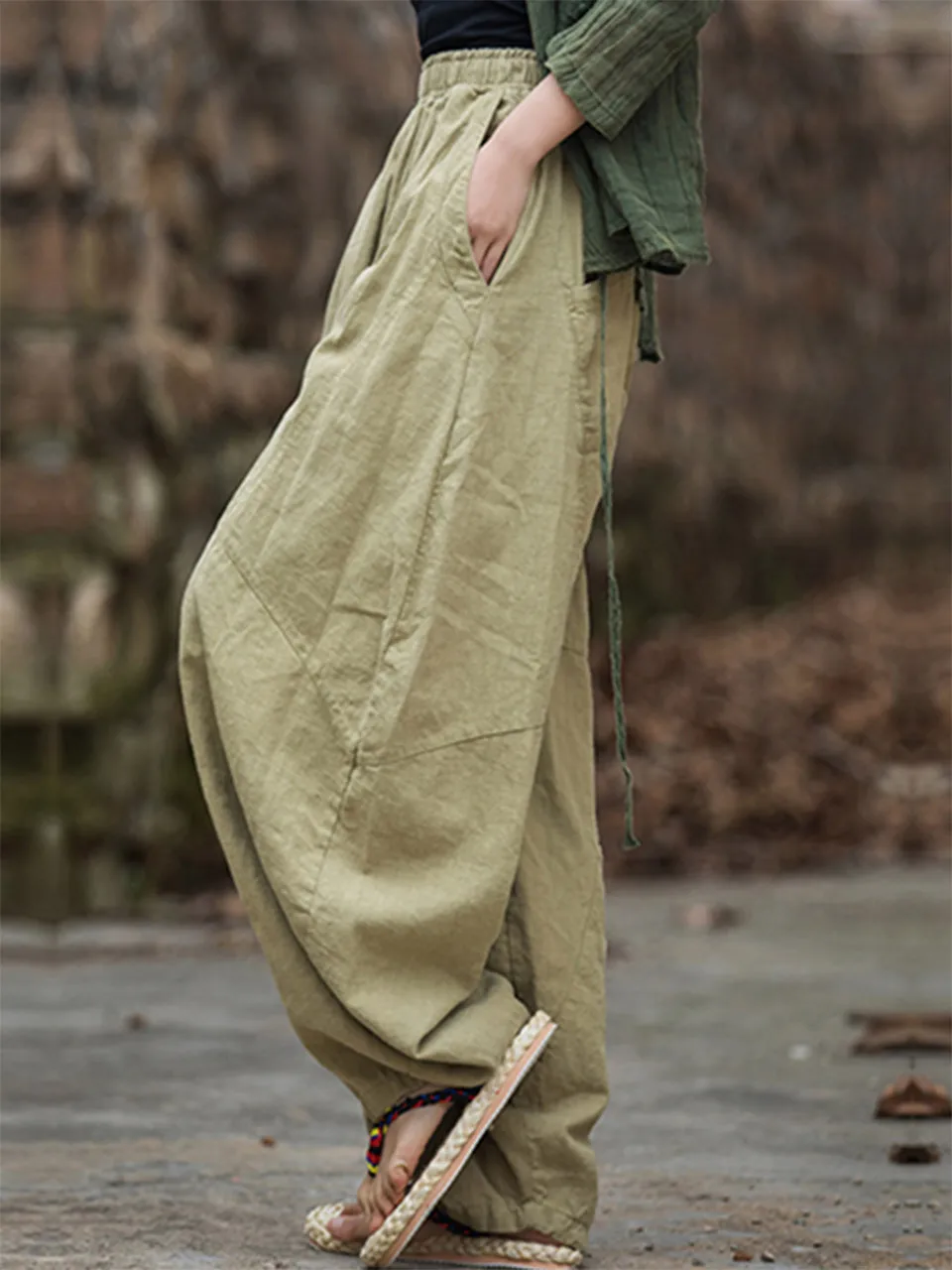 Elegant Women's Cotton Linen Baggy Cargo Pants Vintage Elastic Waist Yoga Trousers Loose Casual Long Wide Leg Oversize Clothes