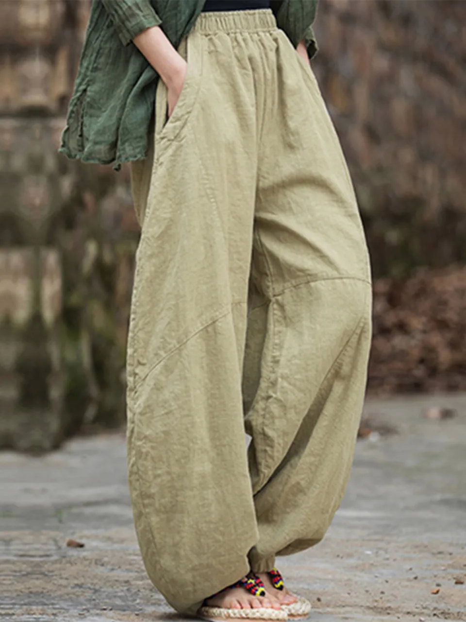 Elegant Women's Cotton Linen Baggy Cargo Pants Vintage Elastic Waist Yoga Trousers Loose Casual Long Wide Leg Oversize Clothes