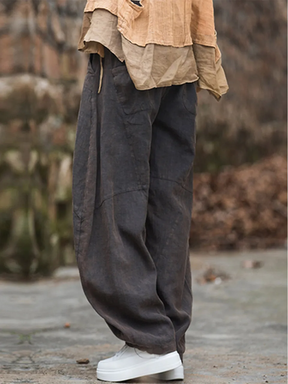 Elegant Women's Cotton Linen Baggy Cargo Pants Vintage Elastic Waist Yoga Trousers Loose Casual Long Wide Leg Oversize Clothes