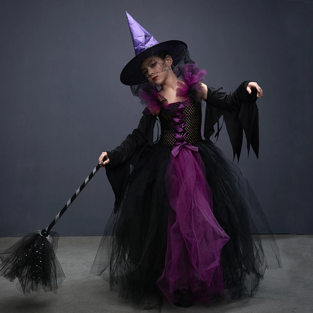 Fairytale Green Witch Dress with Hat Broom Glamour Kids Halloween Fancy Gown Tutu Robe Costume Gothic Girls Cosplay Clothing