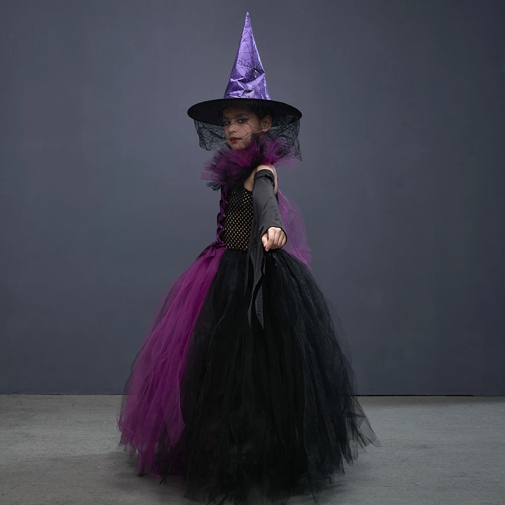 Fairytale Green Witch Dress with Hat Broom Glamour Kids Halloween Fancy Gown Tutu Robe Costume Gothic Girls Cosplay Clothing