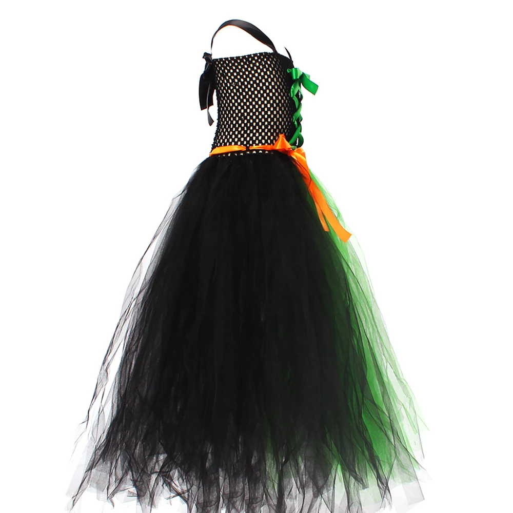 Fairytale Green Witch Dress with Hat Broom Glamour Kids Halloween Fancy Gown Tutu Robe Costume Gothic Girls Cosplay Clothing