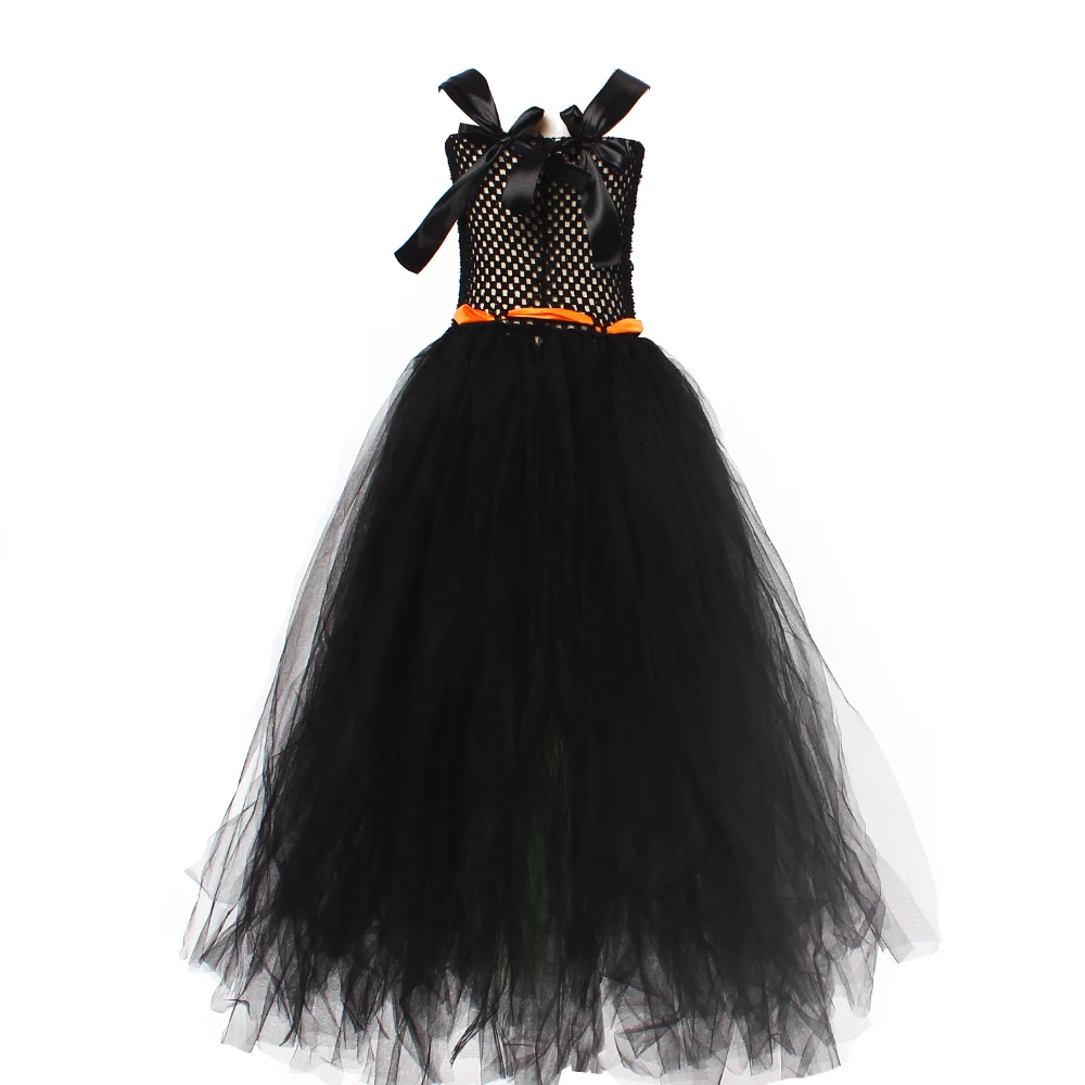 Fairytale Green Witch Dress with Hat Broom Glamour Kids Halloween Fancy Gown Tutu Robe Costume Gothic Girls Cosplay Clothing