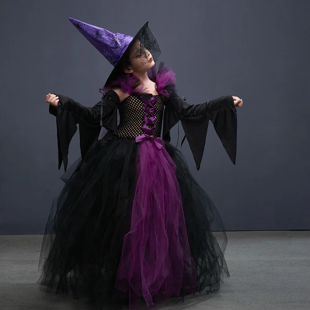 Fairytale Green Witch Dress with Hat Broom Glamour Kids Halloween Fancy Gown Tutu Robe Costume Gothic Girls Cosplay Clothing