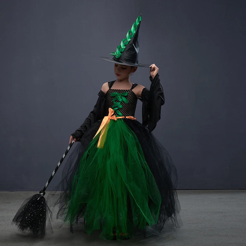 Fairytale Green Witch Dress with Hat Broom Glamour Kids Halloween Fancy Gown Tutu Robe Costume Gothic Girls Cosplay Clothing
