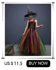Fairytale Green Witch Dress with Hat Broom Glamour Kids Halloween Fancy Gown Tutu Robe Costume Gothic Girls Cosplay Clothing