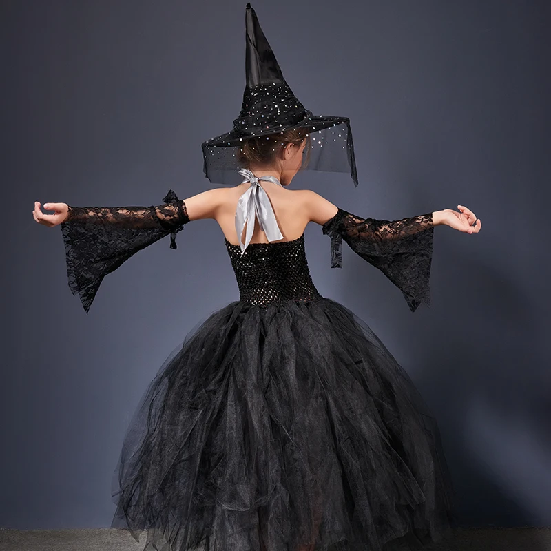 Girls Gothic Halloween Ghost Witch Costume Flare Sleeve Kids Gown Robe Tutu Dress with Witch Hat for Purim Carnival Party