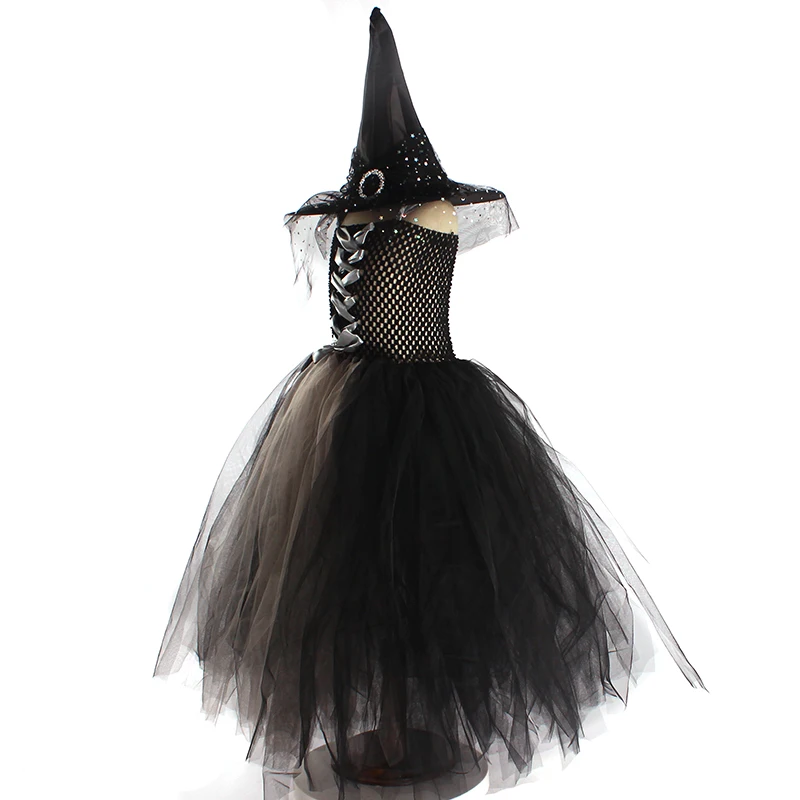 Girls Gothic Halloween Ghost Witch Costume Flare Sleeve Kids Gown Robe Tutu Dress with Witch Hat for Purim Carnival Party