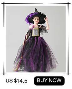 Girls Gothic Halloween Ghost Witch Costume Flare Sleeve Kids Gown Robe Tutu Dress with Witch Hat for Purim Carnival Party