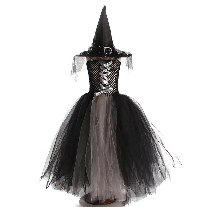 Girls Gothic Halloween Ghost Witch Costume Flare Sleeve Kids Gown Robe Tutu Dress with Witch Hat for Purim Carnival Party