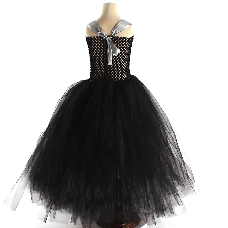 Girls Gothic Halloween Ghost Witch Costume Flare Sleeve Kids Gown Robe Tutu Dress with Witch Hat for Purim Carnival Party