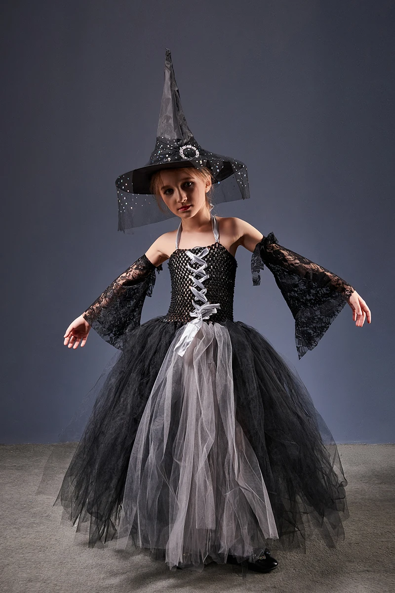 Girls Gothic Halloween Ghost Witch Costume Flare Sleeve Kids Gown Robe Tutu Dress with Witch Hat for Purim Carnival Party