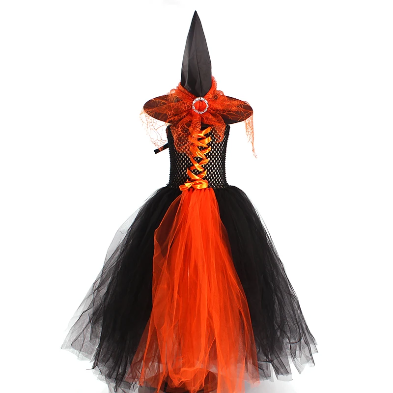 Girls Gothic Halloween Ghost Witch Costume Flare Sleeve Kids Gown Robe Tutu Dress with Witch Hat for Purim Carnival Party