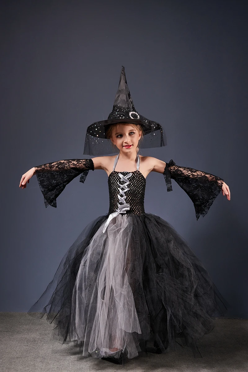 Girls Gothic Halloween Ghost Witch Costume Flare Sleeve Kids Gown Robe Tutu Dress with Witch Hat for Purim Carnival Party