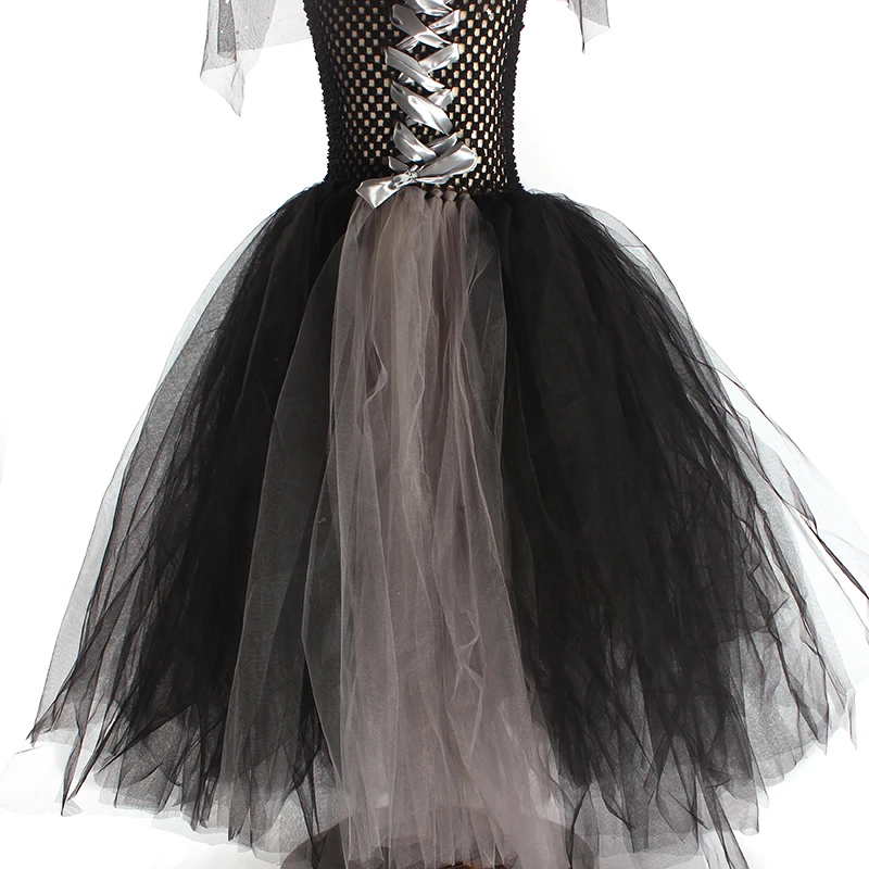 Girls Gothic Halloween Ghost Witch Costume Flare Sleeve Kids Gown Robe Tutu Dress with Witch Hat for Purim Carnival Party