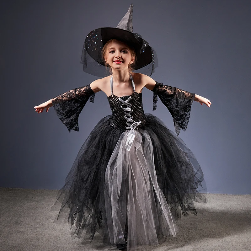 Girls Gothic Halloween Ghost Witch Costume Flare Sleeve Kids Gown Robe Tutu Dress with Witch Hat for Purim Carnival Party