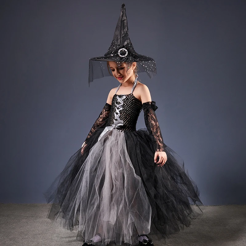 Girls Gothic Halloween Ghost Witch Costume Flare Sleeve Kids Gown Robe Tutu Dress with Witch Hat for Purim Carnival Party