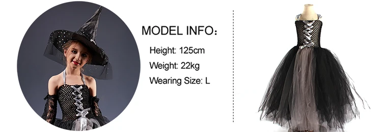 Girls Gothic Halloween Ghost Witch Costume Flare Sleeve Kids Gown Robe Tutu Dress with Witch Hat for Purim Carnival Party