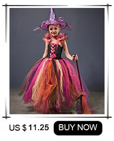 Girls Gothic Halloween Ghost Witch Costume Flare Sleeve Kids Gown Robe Tutu Dress with Witch Hat for Purim Carnival Party
